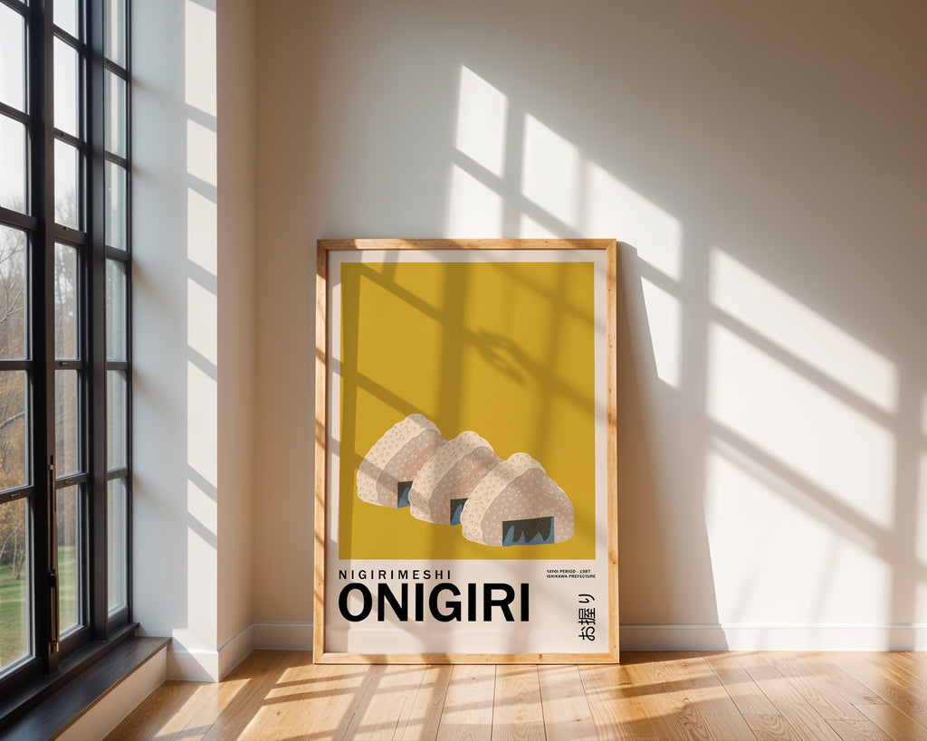 Onigiri Kunstdruck im Mid-Century Stil – japanische Food Grafik als stilvolles Wandbild
