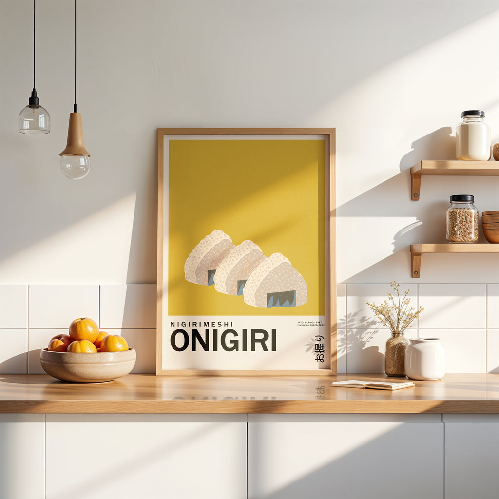 Retro Japan Poster mit Onigiri Illustration – skandinavisch inspirierte Wanddeko für Küche und Büro
