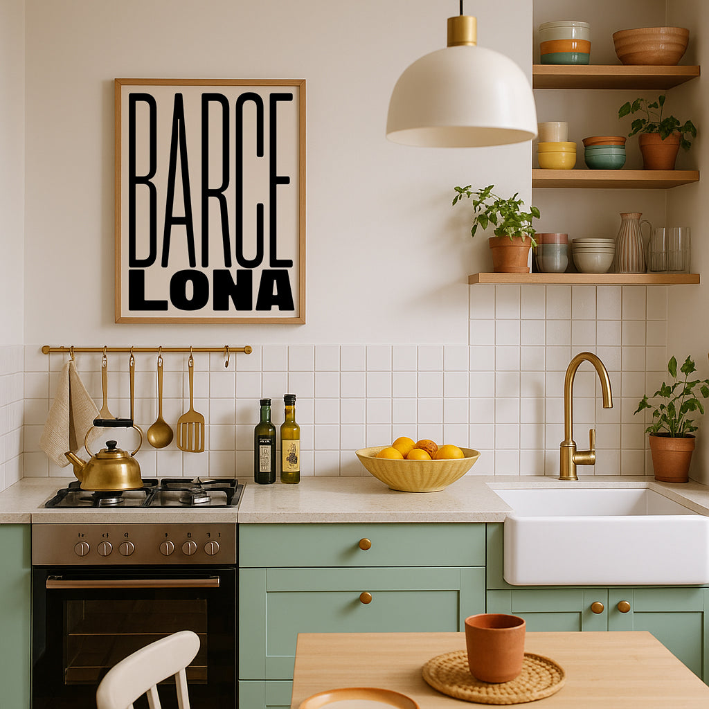 Minimalistisches Barcelona Wandposter mit kräftiger schwarzer Schrift auf hellem Hintergrund.