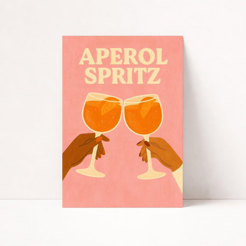 Retro Aperol Spritz Poster mit zwei anstoßenden Cocktailgläsern auf rosa Hintergrund in warmen Orangetönen