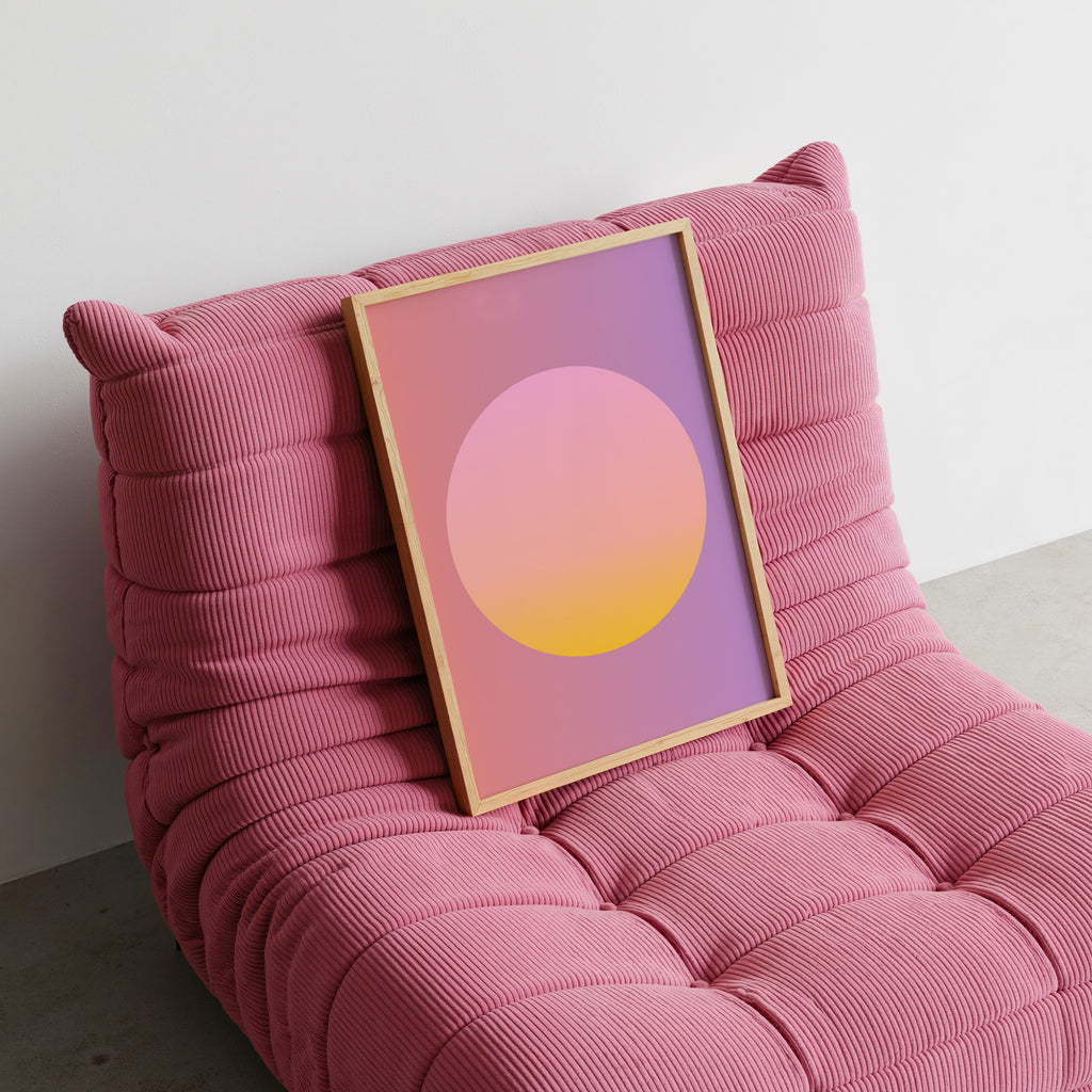 Minimalistisches Sunset Gradient Circle Poster mit sanften Pastellfarben als moderne Wanddeko fürs Wohnzimmer

Abstraktes Farbverlauf Poster mit Kreisdesign in Rosa, Gelb und Lavendel für skandinavisches Interior Design