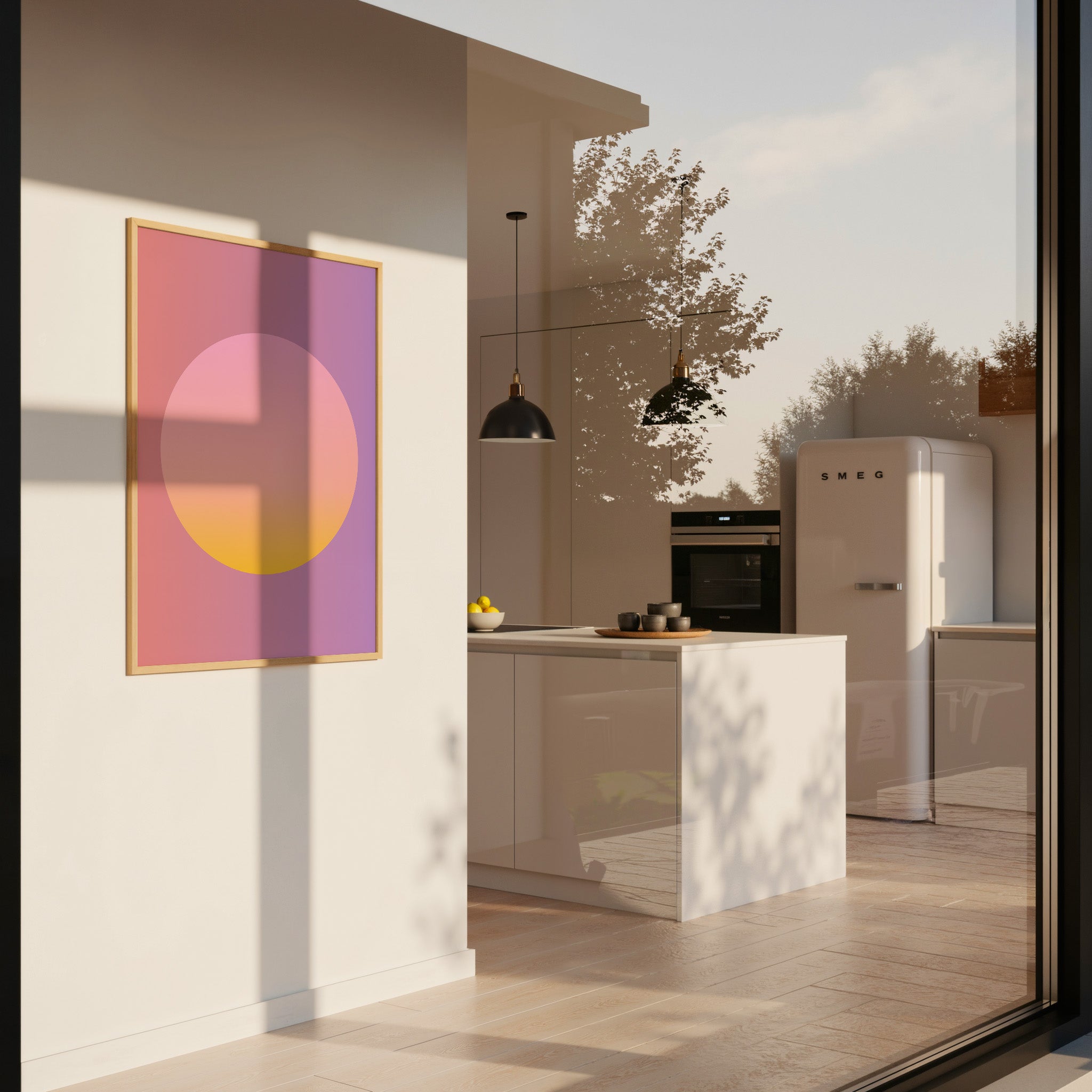 Minimalistisches Sunset Gradient Circle Poster mit sanften Pastellfarben als moderne Wanddeko fürs Wohnzimmer

Abstraktes Farbverlauf Poster mit Kreisdesign in Rosa, Gelb und Lavendel für skandinavisches Interior Design