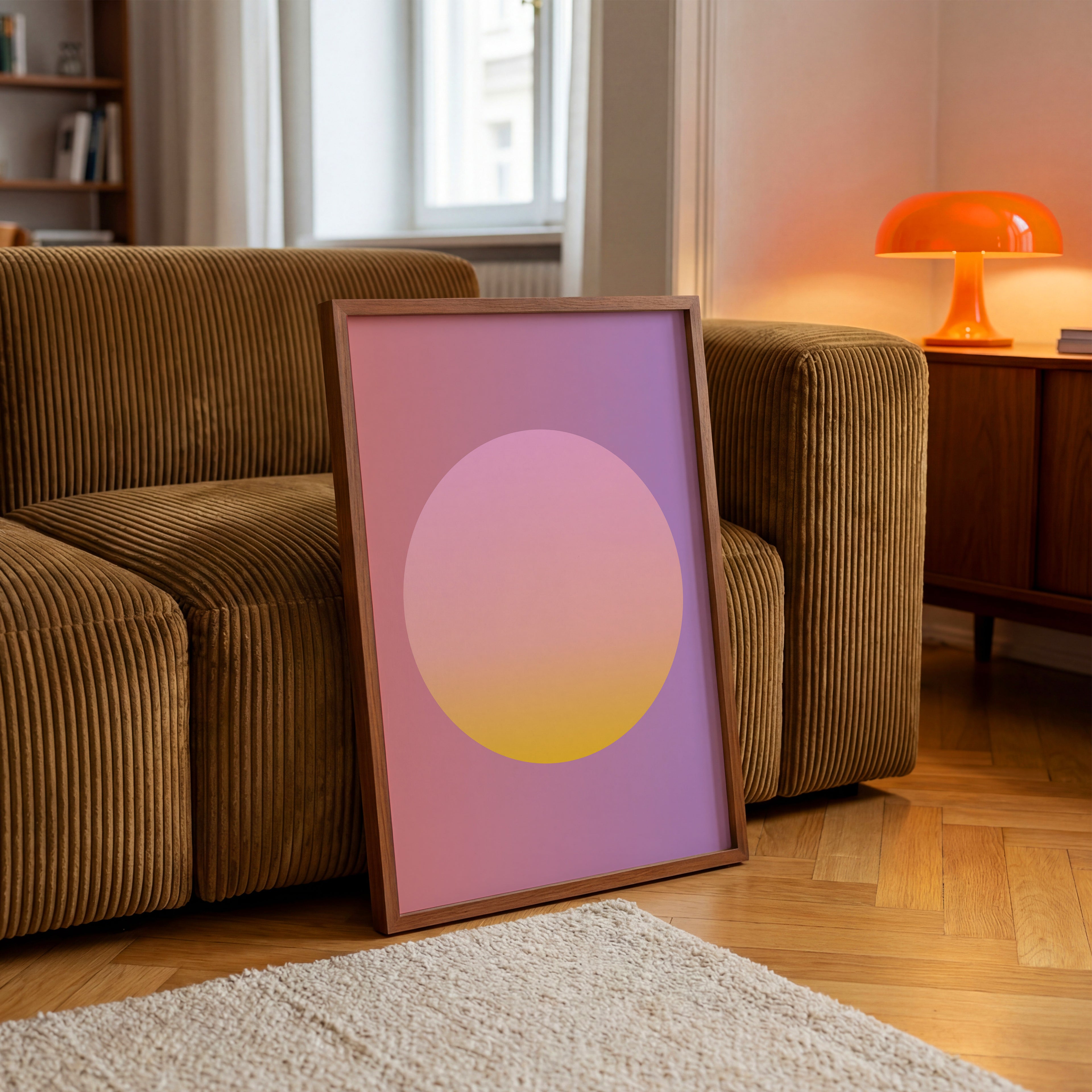 Minimalistisches Sunset Gradient Circle Poster mit sanften Pastellfarben als moderne Wanddeko fürs Wohnzimmer

Abstraktes Farbverlauf Poster mit Kreisdesign in Rosa, Gelb und Lavendel für skandinavisches Interior Design