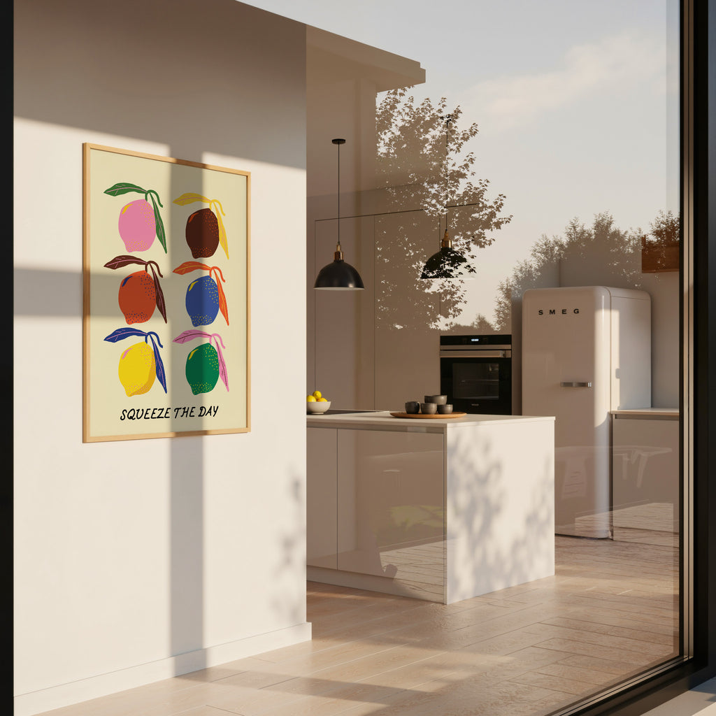 Farbenfrohes Zitronen Poster im Retro Stil mit Squeeze The Day Schriftzug – moderne Wanddeko für Küche oder Wohnzimmer

Modernes Food Poster mit bunten Zitronen Illustration und motivierendem Statement – stilvolle Wandkunst für Zuhause