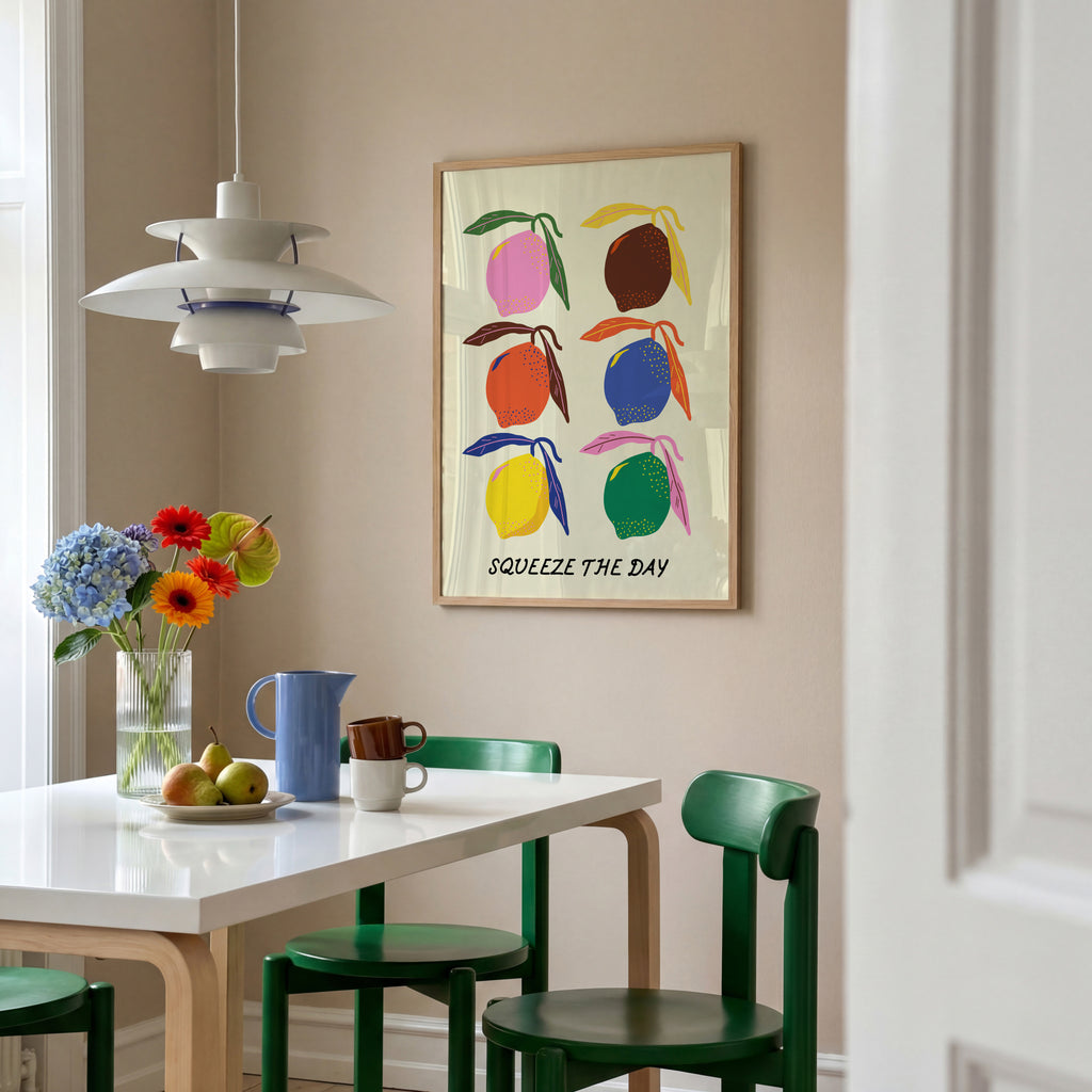 Farbenfrohes Zitronen Poster im Retro Stil mit Squeeze The Day Schriftzug – moderne Wanddeko für Küche oder Wohnzimmer

Modernes Food Poster mit bunten Zitronen Illustration und motivierendem Statement – stilvolle Wandkunst für Zuhause

Retro Küchenposter mit farbigen Zitronen und typografischem Design – dekorativer Kunstdruck für moderne Wohnräume

Aesthetic Fruit Poster mit poppiger Zitronen Illustration und inspirierendem Spruch – frische Interior Wanddeko

Grafisches Zitronen Wandbild mit bunten Farben 