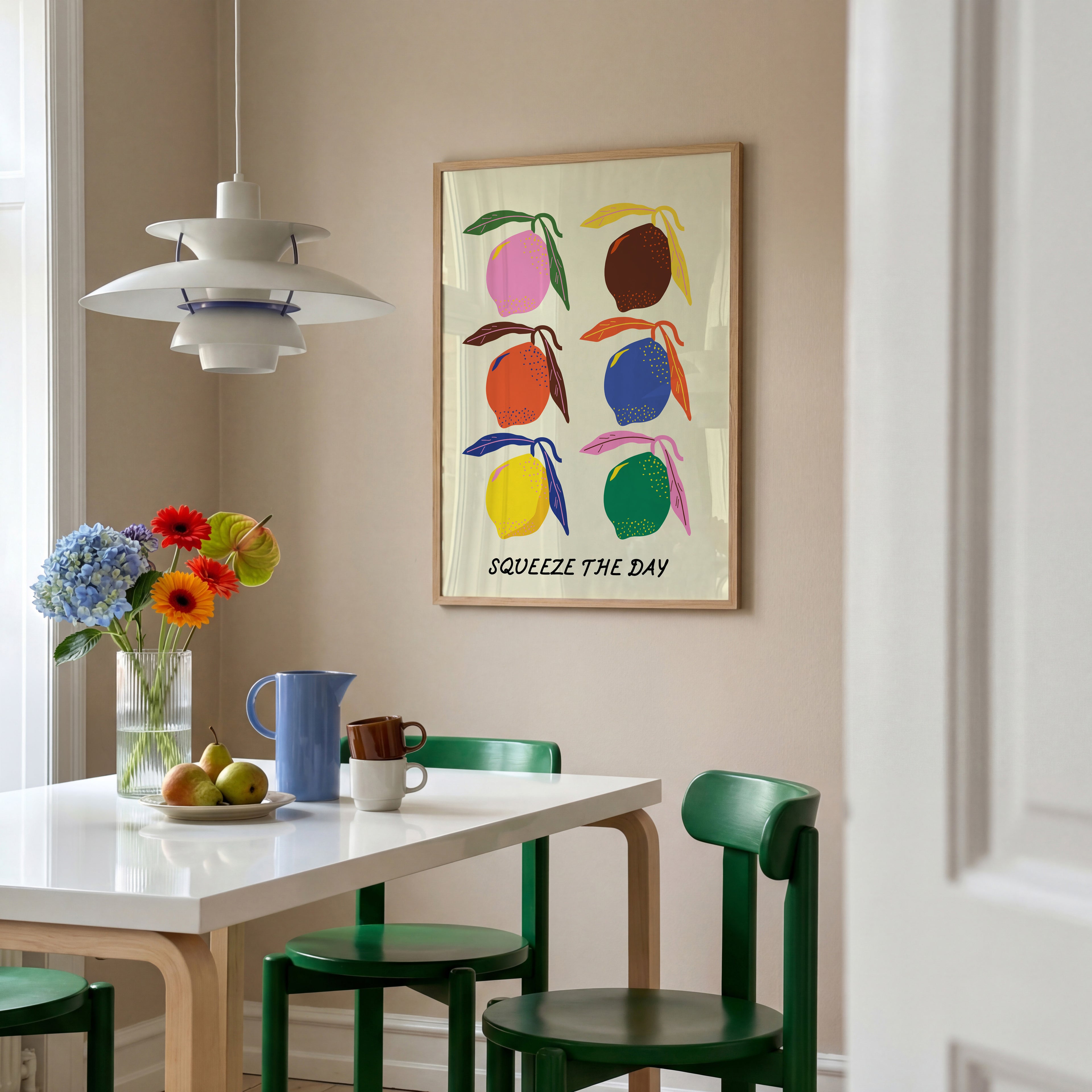 Farbenfrohes Zitronen Poster im Retro Stil mit Squeeze The Day Schriftzug – moderne Wanddeko für Küche oder Wohnzimmer

Modernes Food Poster mit bunten Zitronen Illustration und motivierendem Statement – stilvolle Wandkunst für Zuhause

Retro Küchenposter mit farbigen Zitronen und typografischem Design – dekorativer Kunstdruck für moderne Wohnräume

Aesthetic Fruit Poster mit poppiger Zitronen Illustration und inspirierendem Spruch – frische Interior Wanddeko

Grafisches Zitronen Wandbild mit bunten Farben 