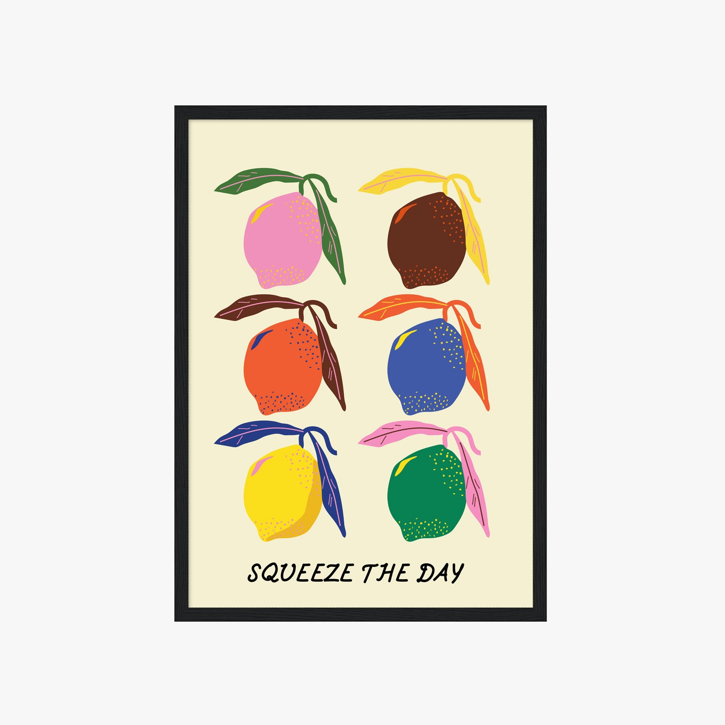 Farbenfrohes Zitronen Poster im Retro Stil mit Squeeze The Day Schriftzug – moderne Wanddeko für Küche oder Wohnzimmer

Modernes Food Poster mit bunten Zitronen Illustration und motivierendem Statement – stilvolle Wandkunst für Zuhause