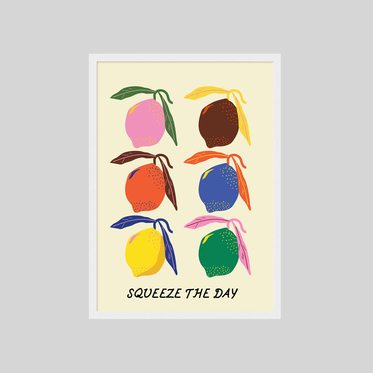 Farbenfrohes Zitronen Poster im Retro Stil mit Squeeze The Day Schriftzug – moderne Wanddeko für Küche oder Wohnzimmer

Modernes Food Poster mit bunten Zitronen Illustration und motivierendem Statement – stilvolle Wandkunst für Zuhause